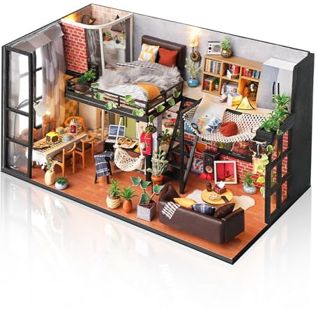 Cuteefun Kit Casa delle Bambole in Miniatura DIY per Adulti con Copertura Antipolvere, Diorama Modello di Soggiorno Kit di Costruzione,Regalo Decorativo per Compleanno Anniversario Natale
