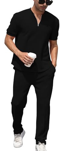 DONYKARRY 2-Teilige Herren Jogging Anzug Trainingsanzug Sportanzug Aus Baumwolle Fitnessraum Kurzarm Oben+ Hose Tracksuit Atmungsaktiv Hausanzug Set(Schwarz,XXL)