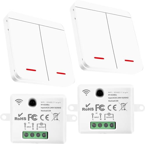 WIYETY Interruttore senza fili: 433 MHz + WiFi, senza fili, illuminazione radio, interruttore RF e ricevitore (2 interruttori, 2 ricevitori)