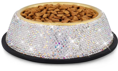 WOOFUU Sparkly Full Rhinestones Designed Gold Plated Stainless Steel Cat Bowl - Stylish and Practical Diamond Food Water Dishes Bowls for Dogs Cats Rabbits