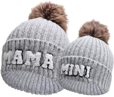 Kunyeah 2PCS Eltern-Kind Beanie Mütze Frauen Stickerei gestrickt Hut Mama und Baby Matching Hüte Winter Warm Cap mit Pom-Pom (DE/NL/SE/PL, Alphanumerisch, Einheitsgröße, Hellgrau)