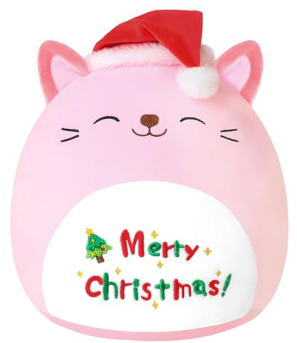Xfrog Weihnachten Plüschtier 10 Katze Plüschkissen mit Weihnachtsmütze Kawaii Xmas Plüschtiere Kinder Mädchen Jungen Rosa 25CM