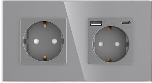 PULSAR Steckdosen USB C USB A 2 Fach Schuko-Steckdose aus Glas mit USB Anschluss Unterputz Steckdose Grau mit Kindersicherung Flache Wandsteckdose Doppelte Unterputzsteckdose mit Steckdosenblende