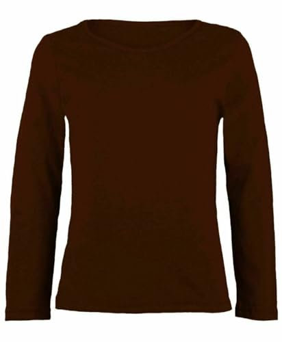FASHION MY LOVE Girls Boy Kids Plain Basic Long Sleeve Round Neck T-Shirt Stretch School Tee Top Kids Long Sleeve Round Neck T-Shirt Stretch Uniform PE School Tee Top 2-13 Years Brown