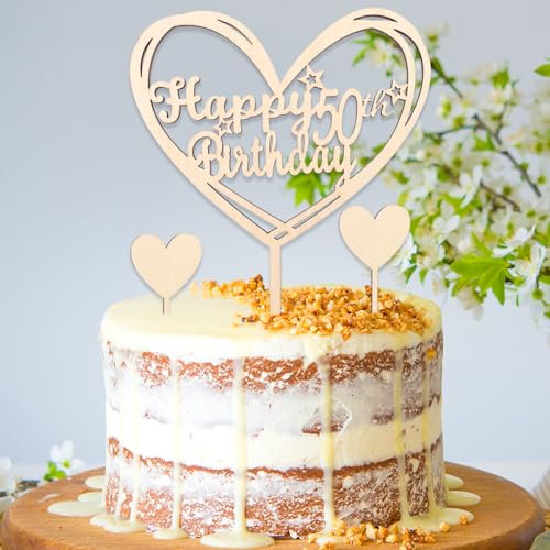 DazzJoy Holz Tortendeko 50. Geburtstag für Frau und Mann - 3 Stück Cake Topper, Happy 50th Birthday Kuchendeko