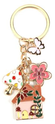 Schlüsselanhänger Pilzhaus Für Mädchen, Viel Glück Im Neuen Zuhause, Einweihungsgeschenk Mit Schmetterling Und Blumen Anhänger, Perfekt Für Schulranzen Oder Rucksack, Haus-Dekor Für Paare (Rosa)