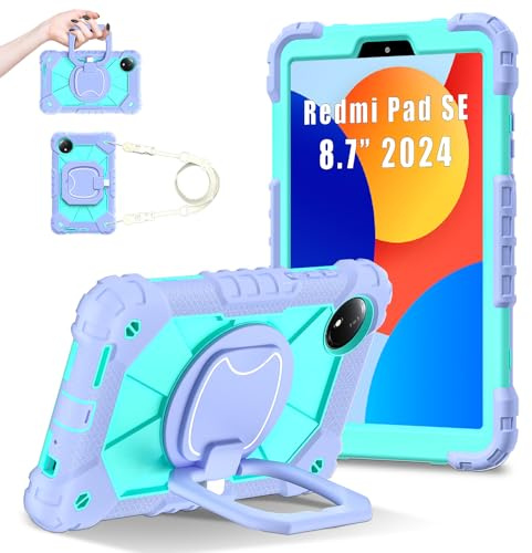 FONREST Funda portátil resistente para Xiaomi Redmi Pad SE de 8.7 pulgadas 2024 con soporte giratorio/anillo colgante asa de elevación cordón híbrido resistente a los golpes (morado + menta)