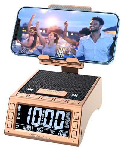 TechGlow Foldable Phone Stand with Bluetooth Speaker, Charging Dock, Birthday Gifts for Men, Women, Mom, Dad, Boys, Girls, Teens, Cool Tech Gadgets, Rose Gold