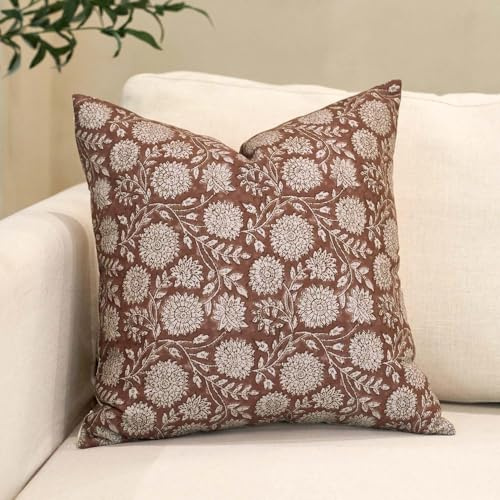 Amor Virisso Kissenbezüge mit Blumenmuster, Vintage-Blockdruck, neutrale Couchkissen für Wohnzimmer, Bauernhaus, dekorativer Akzent, Sofakissen, 45,7 x 45,7 cm, Braun