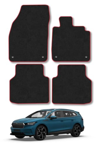Skoda Enyaq (2021+) Carpet Car Mats | Red Edge Trim Tailored Fit Floor Mats Full Coverage Protection Accessories Easy Clean Anti Slip Made in the UK