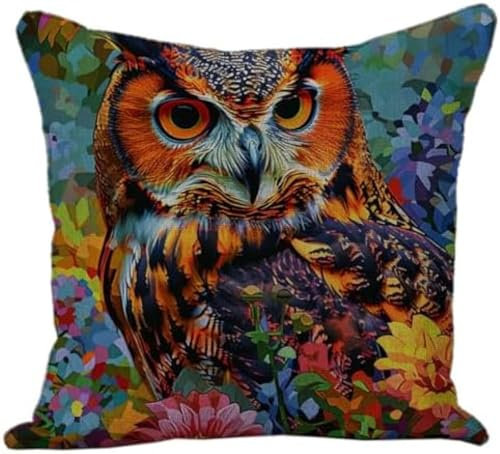 WallustrioaW Kreuzstichkissen Bunte 3D Eule mit Blumen-Hintergrund,Kreuzstickpackung vorgedruckt Sticksets Für Erwachsene,Anfänger,45x45cm Kreuzstichkissen/Stickkissen-Set