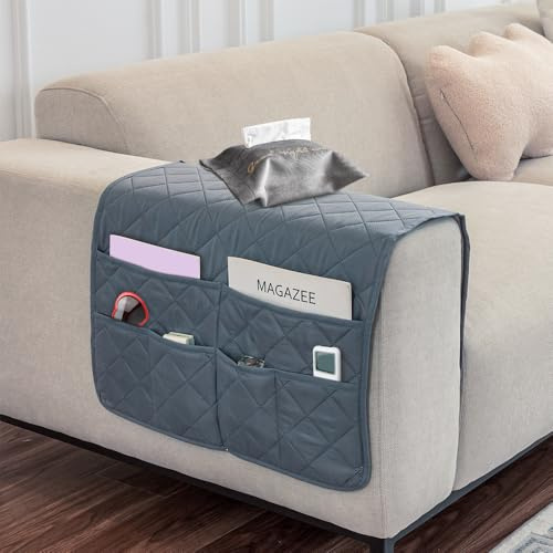 SITAKEGS Waterproof Sofa Armrest Organizer Couch Armchair Caddy Storage Bag | Gray Anti-Slip Sofa Arm Chair Covers Storage Bag with 6 Pockets for Store TV Remote Control Holder Tablet Magazine Glasses
