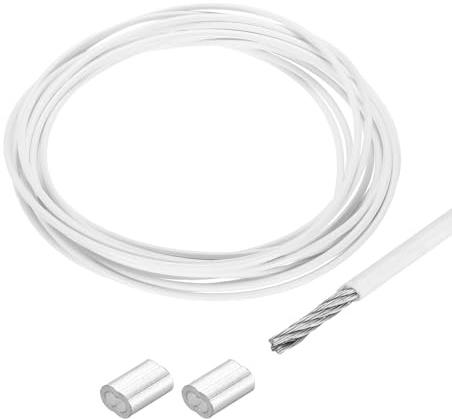 QUARKZMAN 16Ft(5m) Cavo Acciaio Inossidabile 304 Fune 1/8(3mm) Rivestito in Vinile con 2Pz Manicotti in Alluminio per Appendere, Filo Stendibiancheria per Esterno, Sollevare Bianco