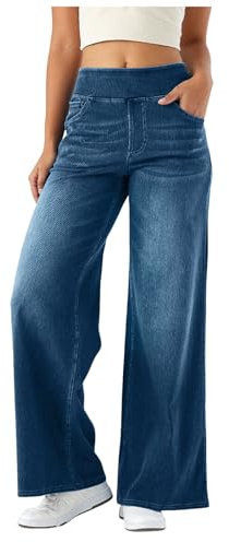 Damen Baggy Jeans mit weitem Bein Jeanshose Mit Gummibund High Waist Stretch Weites Jeans Mit 4 Taschen Hosen Große Größen Weiter Jeanshose Party Freizeit Gerades Hosen Pull On Wide Leg Bequeme Jean