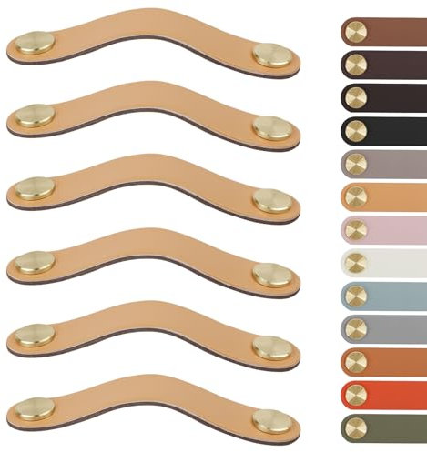 LEREATI Lot de 6 Poignee Cuir, Poignee de Meuble Cuir Cuisine Bouton de Tiroir de Portes pour Placards, Armoires, Commode, Cuisine, Salle de Bain (Trou de Montage 96mm, Doré + Beige)