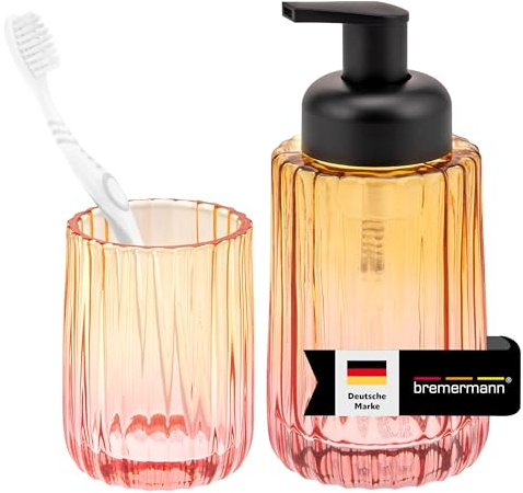 bremermann Badezimmer Zubehör-Set 2tlg. bestehend aus 1x Schaum-Seifenspender mit 300 ml Fassungsvermögen und 1x Zahnputzbecher, Badaccessoires im Retro-Design aus Glas, orangerot