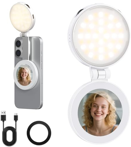 VRIG FD-04 Magnetische Selfie Licht mit Spiegel, Handy-Licht für Magsafe | 360° Drehbares Handy-Zusatzlicht, 3 Farbtemperaturen, CRI95+ 2W LED Licht für Selfie, Fotografie, TikTok, Videoanruf