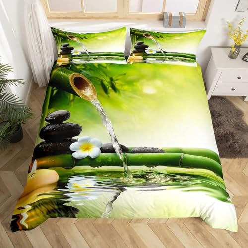 CCZM Zen-Stil Bettwäsche 140x200 - Balancierender Stein Bettbezug 140x200 - Frangipani Bambus Wendebettwäsche und 2 Kissenbezug 70x90, Warm Mikrofaser Bettwäsche-Sets mit Reißverschluss, F-425