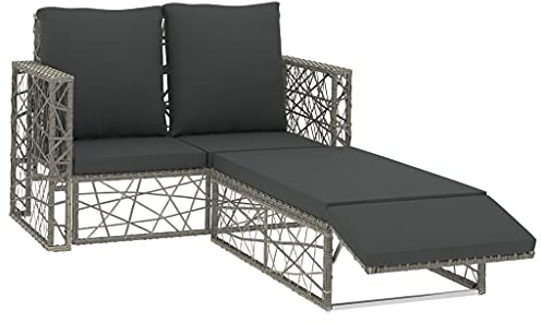 SDWEHBJ Sofa Set 2-Sitzer Sessel mit Schlaffunktion, Hocker und Auflagen, kleine Rattan Couch, Outdoor Gartenmöbel für Lounge, Balkon und Garten,Poly Rattan Grau