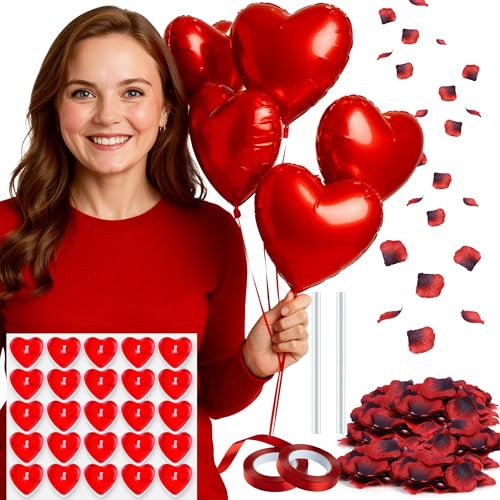 Valentines Decoration Set with 1000 Fake Rose Petals, 50 Heart Tealight Candles, 5 Red Heart Balloons - Fake Petals, Red Foil Balloons and Red Tea Lights Candles for Valentines Table Decorations