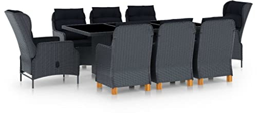 Yunovire 9-TLG. Garten-Essgruppe mit Auflagen, Poly Rattan Dunkelgrau, 200x100 cm Tisch, Loungesessel, für Terrasse, Balkon, Außenbereich