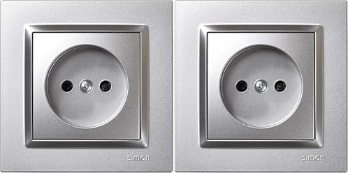 SIMON - Enchufe de Empotrar Bipolar, Serie Simon 10, 250V, 10 A, Enchufe de Pared Plano y Fino, Fácil de Instalar, Incluye Marco, Tapa y Mecanismo, Base de Enchufe Hembra Color Aluminio (Paquete de 2)