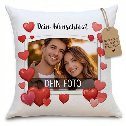 OWLBOOK® Personalisiertes Kissen mit Foto Bedrucken Lassen - Fotokissen selbst gestalten - Personalisierte Geschenke für Ihn Sie - Partner Geschenke für Paare - Foto Kissen 40x40cm | Herzen