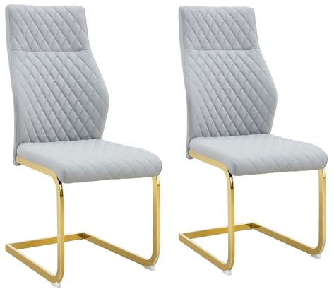 SEEDWAVE Esszimmerstuhl 2er Set Freischwinger, ergonomischer Küchenstuhl im skandinavischen Stil mit hoher Rückenlehne und pflegeleichtem PU-Leder-Bezug (Hellgrau golden)