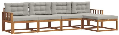 vidaXL Outdoor-Sofagarnitur mit Kissen 5 pcs Natürlich und Hellgrau, Outdoor-Möbel-Set, modernes Patio-Sofa, wetterfestes Lounge-Set, Latten-Sofa, modulares Sofa