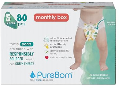 PureBorn 80 Windelhöschen Größe 5 (12-17 kg), Ultra-Saugfähig, Hypoallergen, Weich & Sanft für Babys, Dermatologisch Getestet, Auslaufsicher, Umweltfreundlich aus Bambus