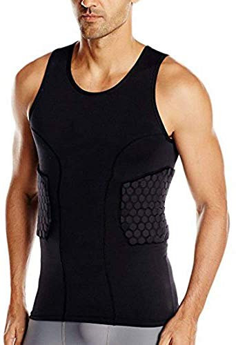 TUOY Gepolstertes Kompressionsshirt für Herren, schützendes T-Shirt, gerippter Brustschutz für Fußball, Paintball, Baseball, klassisches schwarz, XL
