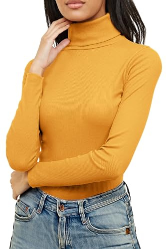 Re Tech UK Ladies Plain Ribbed Cotton Polo Turtle Roll Neck Tunic Top Jumper Full Sleeve, Mustard, L/XL 16-18 Plus Size
