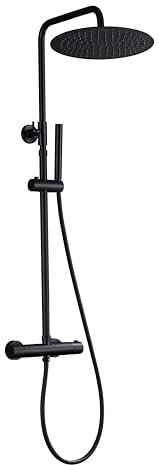 JOHO 304 Acero INOX Columna Ducha Negro de Hidromasaje con Grifo Columnas de Baño Monomando Termostaticas Altura Adjustable con Ducha Mano y Cabezal Lluvia en INOX D30cm