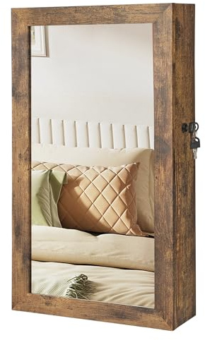 SONGMICS Lockable Jewelry Cabinet Armoire with Mirror, Wall-Mounted Space Saving Jewelry Storage Organizer, Rustic Brown UJJC051K01
