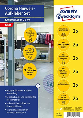 AVERY Zweckform Hinweis Aufkleber (ø20 cm, 12 Warnschilder, Hände desinfizieren, Abstand halten, Mundschutz tragen, Zutritt mit Einkaufswagen, max. Anzahl Personen, Öffnungszeiten) 49400