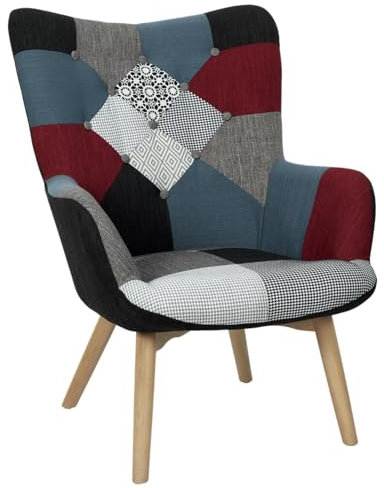 HOME DECO FACTORY, Fauteuil Style Scandinave pour Salon, Tissu Patchwork, Pieds Inclinés en Hévéa, Formes arrondies, Assise Moelleuse, Capitonné, Dossier Haut, Noir, 72x80x99 cm