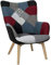 HOME DECO FACTORY, Fauteuil Style Scandinave pour Salon, Tissu Patchwork, Pieds Inclinés en Hévéa, Formes arrondies, Assise Moelleuse, Capitonné, Dossier Haut, Noir, 72x80x99 cm