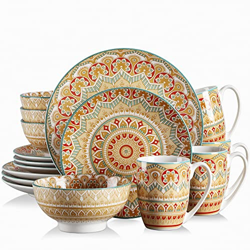vancasso 16 Pieces Porcelain Dinner Set for 4 - Mandala Dinnerware Dish Set Artisanal Pieces with 10.5in Dinner Plate, 8in Dessert Plate, 6in Bowl and 13oz Mug, Boho Yellow Tableware