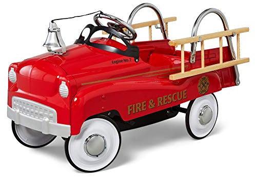 Kid Trax Fire Truck Pedal Car for Toddlers, Ages 3-5, Easy Assembly, Durable Steel, Indoor/Outdoor Ride-On, 60lbs Max, Classic Style, Functional Steering, Red, Kids Fire Truck Ride-On, Vintage