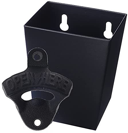 Jumiok Satin Black Cast Iron Bottle Opener Wall Mounted with Bottle Cap Catcher Narrow
