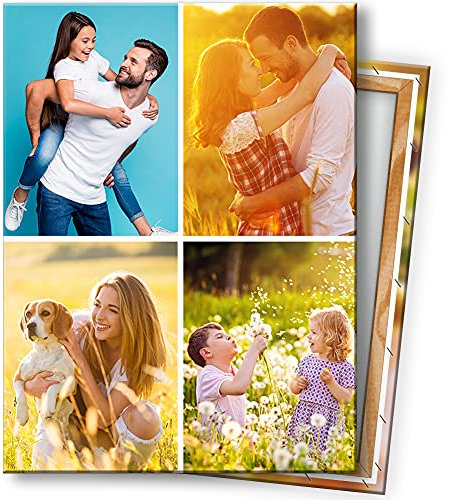 Kunstlab Fotocollage. Deine 4 Fotos auf Leinwand 30x40 cm Hochformat. Echtholz Keilrahmen. Personalisierbar. Fotogeschenk selbst gestalten. Sofort hochladen.