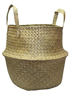 Muddy Hands Seagrass Belly Basket with Handles Natural Woven Foldable Laundry Storage Bag Planter Plant Pot Cover Holder (Mini - 14x14cm)