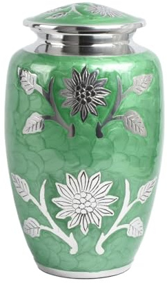 Cremation Urn for Adult Human Ashes – Elegant Aluminium Metal Funeral Vessel – Memorial Container Holds Body Ashes up to 90kg or 14 Stone (Green)