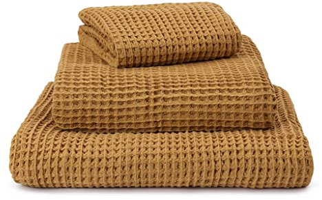 URBANARA Badetuch Mikawa 100x140 cm - 100% Baumwolle in Waffelpiqué - Duschtuch Handtuch Gästehandtuch Strandtuch - Ocker