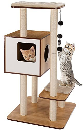 BAKAJI Arbre griffoir à 3 Boules 1 Niche Couverture pour Chats Animaux félins interactif Ongles Anti-Rayures Stable Robuste Robuste Arbre grimpant Couleur Beige