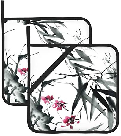 Vaso isolato quadrato con fiori di ciliegio di bambù = > 20,2 x 20,2 cm (set di due pezzi) spesso e durevole, isolamento termico anti-scottatura.