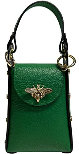 Modarno Mini-Tasche aus echtem Leder Dollar mit Karabinerverschluss in Bienenform, seitliche Nieten, abnehmbare Metallkette, Ledergriff, Verde Smeraldo