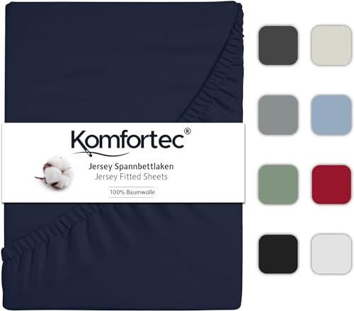 Komfortec Spannbettlaken Jersey 100% Baumwolle – 160x200 cm – 135g/m² – Weich, Atmungsaktiv & Hautfreundlich – Mit Rundumgummi – Oeko-Tex Zertifiziert – Für Boxspring, Topper & Matratzen – Blau