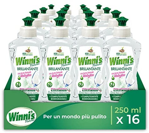 Winni's - Aditivo abrillantador para lavavajillas hipoalergénico, con vinagre natural biológico, contra residuos y manchas, con materias primas de origen vegetal, 250 ml x 16 paquetes