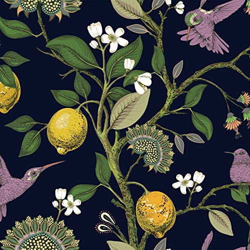 VEELIKE Fototapete Blumen und Vögel Tapete Nachtblau Tropische Blätter Tapeten Zitrone Möbelfolie Selbstklebend Blumentapete Vintage Schrankpapier Schlafzimmer Klebefolie Badezimmer 44.5cm×300cm